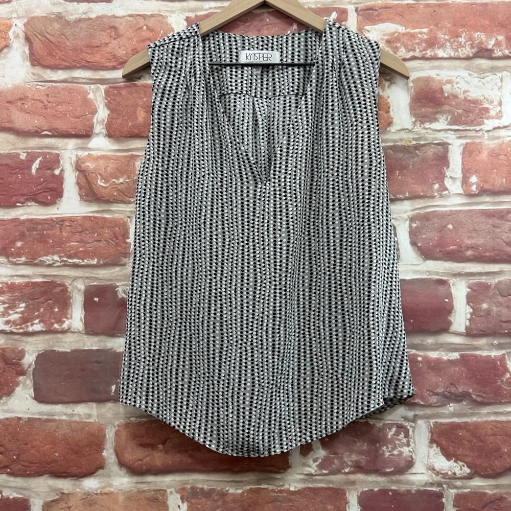 Kasper Top Women's Medium Gray Polka Dot Abstract Pleated Camisole Tank Shirt